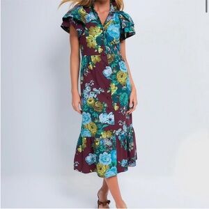 Tuckernuck Floral Midi Dress in Burgundy with Spring Floral worn once sz Large